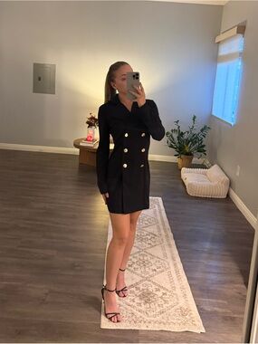 Black Double-Breasted Blazer Dress with Gold Buttons